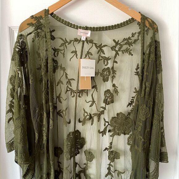 Dizzy Gal NWT Olive Green Lace Cardigan Shawl - Sz M - Picture 2 of 5